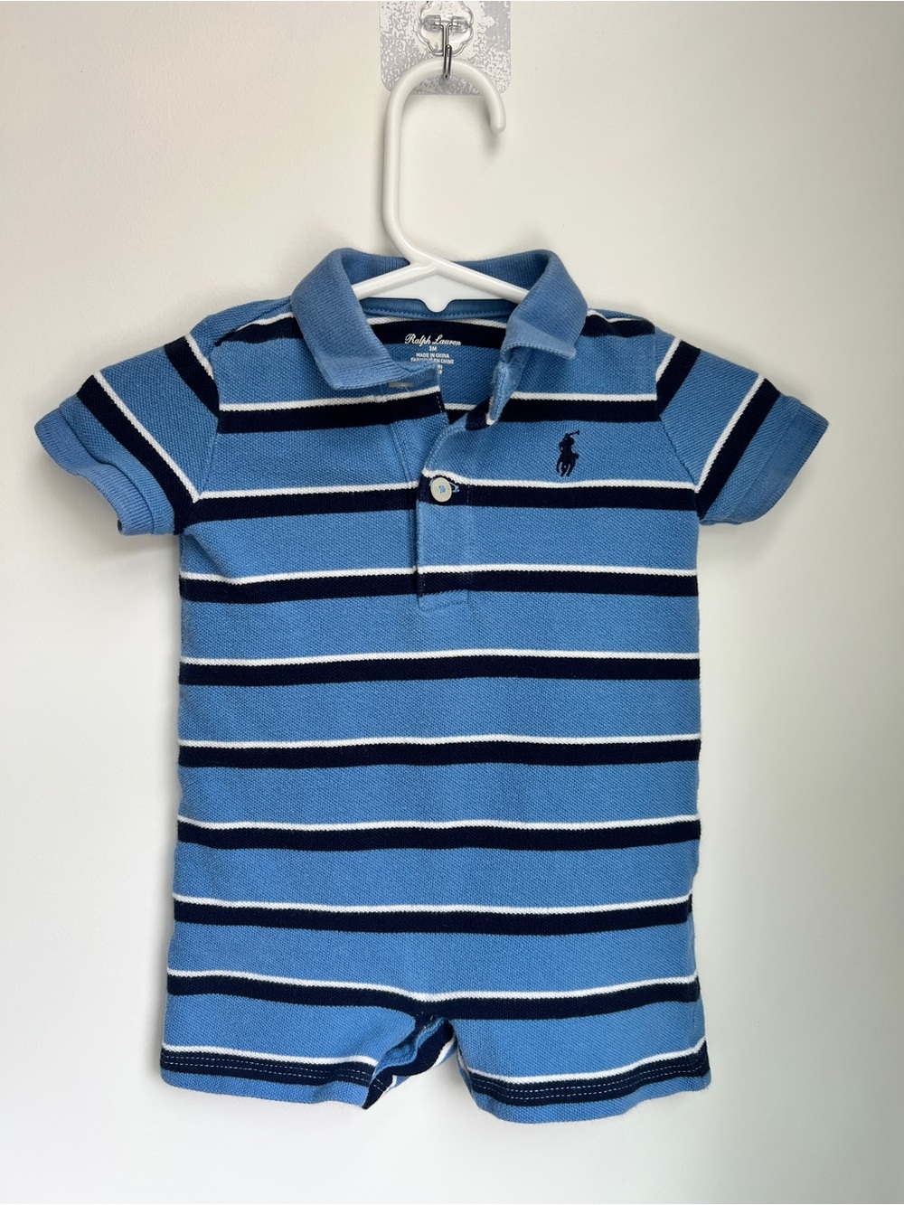 Ralph Lauren Striped Polo Romper | 3 Months Blue Shortall
